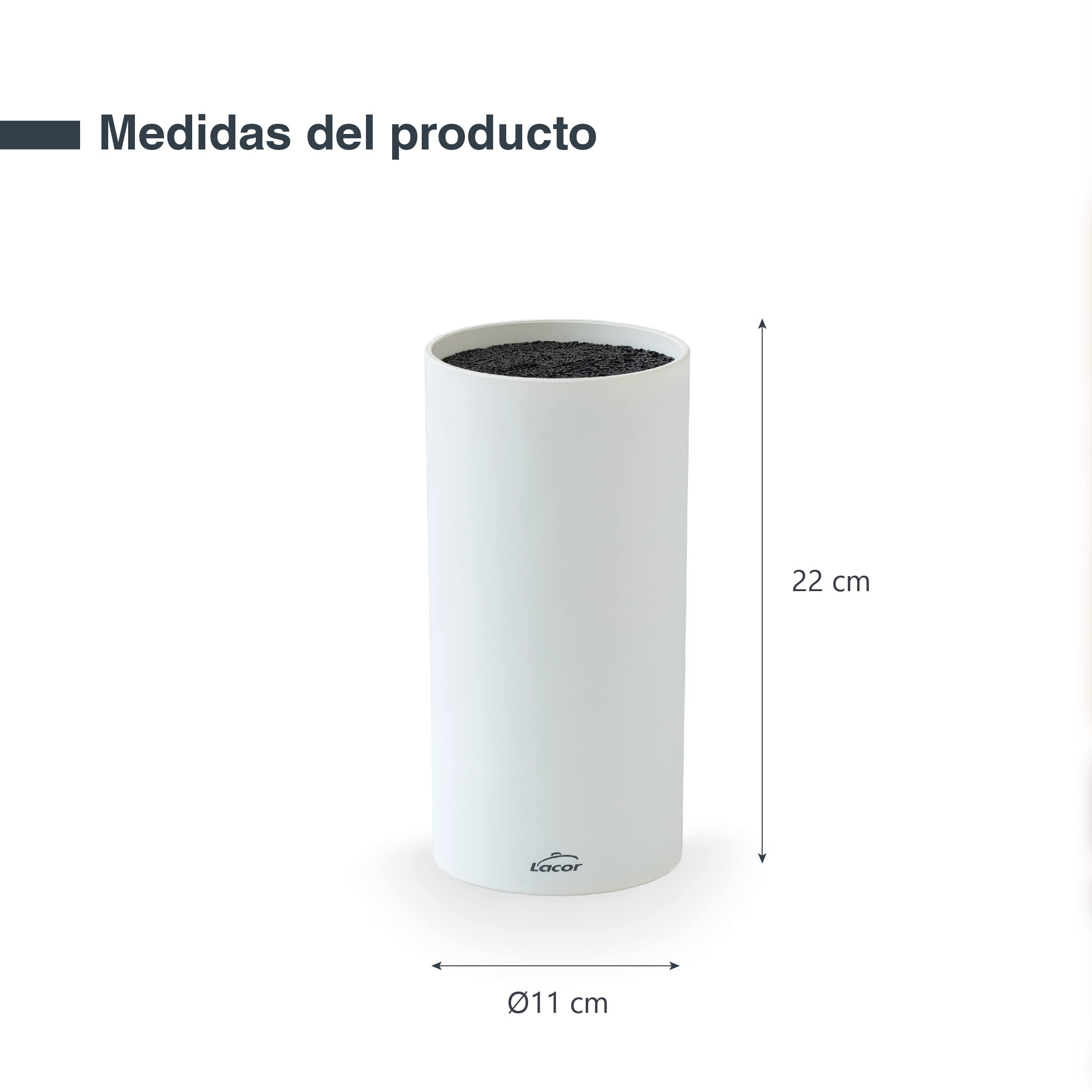Lacor - 39037 - Taco de Cuchillos White, Bloque Universal para Cuchillos, Multidireccional, Color Blanco mate, Ø11cm, Altura 22cm, Apto para Lavavajillas.