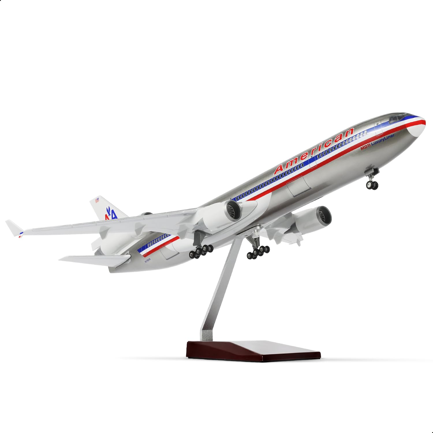 QIYUMOKE MD-11 aircraft model in 1:130 scale, compatible with American Airlines, including stand (47 cm long), made of resin, ideal as a souvenir for adults, as decoration for home or office.