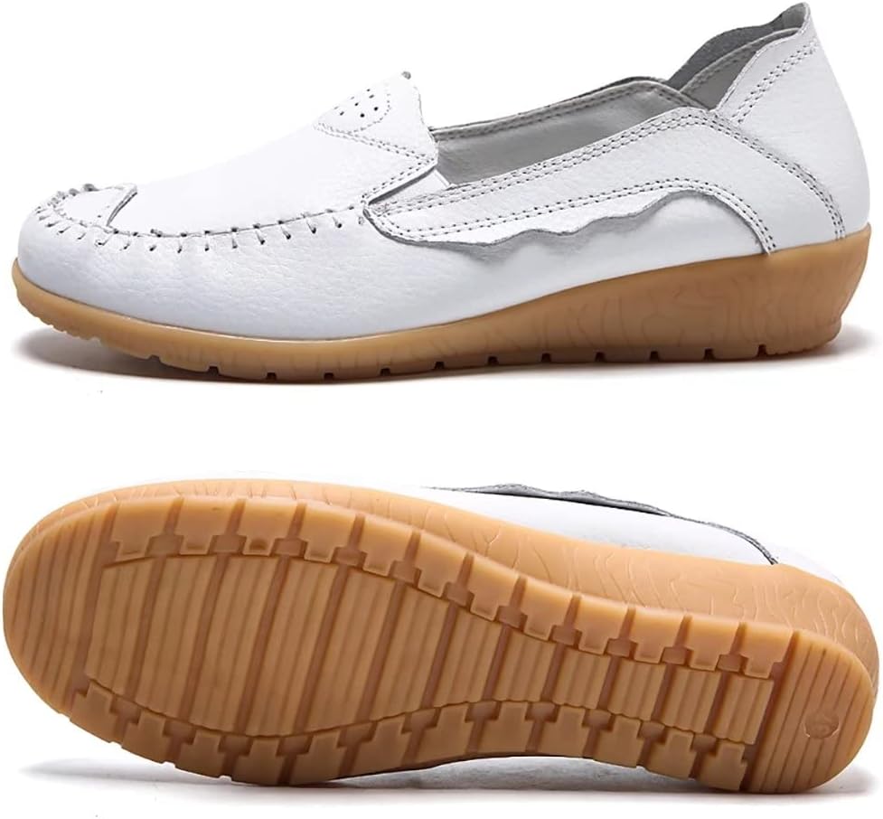 FolHaoth Women's Leather Loafer Slip On Moccasin Comfortable Casual Shoes Non Slip Natural Driving Fashion Moccasin Flats Breathable Soft Nurse Walking Ladies Shoes 7.5 White image 3 of 4 B09XHT1R5B