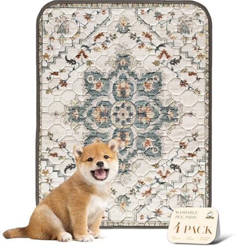 Image of nunubaby 4PACK Washable Pee Pads for Dogs, Stylish, Non-Slip and Leak-Proof Pee Pads. Reusable Potty Pads for Dogs for Crates and Floors.(Beige /Floral, 18 inch x24 inch )
