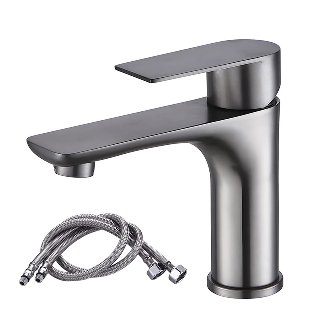 Basin Tap Mixers Bathroom Sink Tap, Single Lever Hot and Cold Stainless Steel Basin Mixer Tap with Ceramic Valve Core, Includes Hoses & Fitting Kit (Gunmetal Gray)