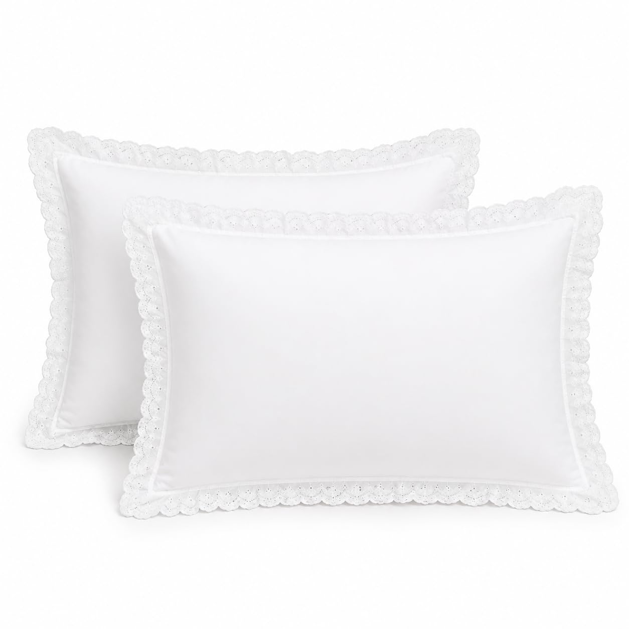 ZEVISHESH IMPEX White Cotton Pillow Covers with Lace Border, Set of 2,White, 17" X 27", 144 Thread Count, 68L x 43W Centimeters, Solid, Brush Cotton-image-2