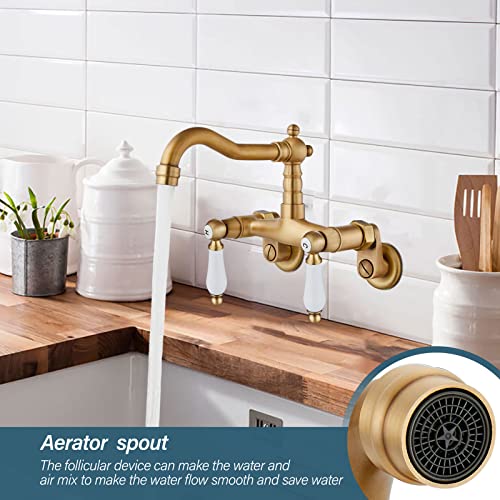 Aolemi Antique Brass Wall Mount Kitchen Faucet Double Lever Ceramic Handle Wall Mount Laundry Sink Faucet 6 Inch Center Adjustable 3 Inch To 9 Inch Utility Commercial Mixer Tap Long Swivel Spout #TOP3
