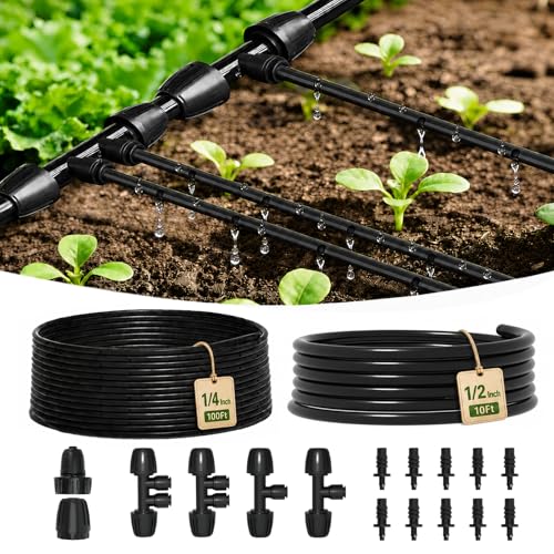 MIXC 1/4 Irrigation Dripline Tubing Kit (100 Ft Roll) with 10Ft 1/2 Main Line Saving 80% Water 6 Emitter Spacing 0.5GPH Emitters Built-in Drip Irrigation Line with 1/4 Push-to-Connect Fittings