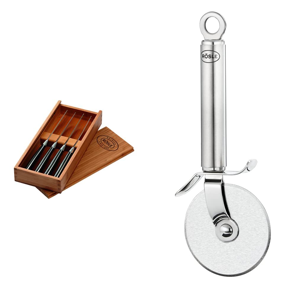 RÖSLE Steakmesser-Set 4-tlg., Hochwertige Steakmesser Schwarz, 4 x 25.2 x 11 cm, 4 Stück & Pizzaschneider, Hochwertiges Pizzamesser mit stabilem Rad, beidseitig geschliffene Klinge, Edelstahl 18/10