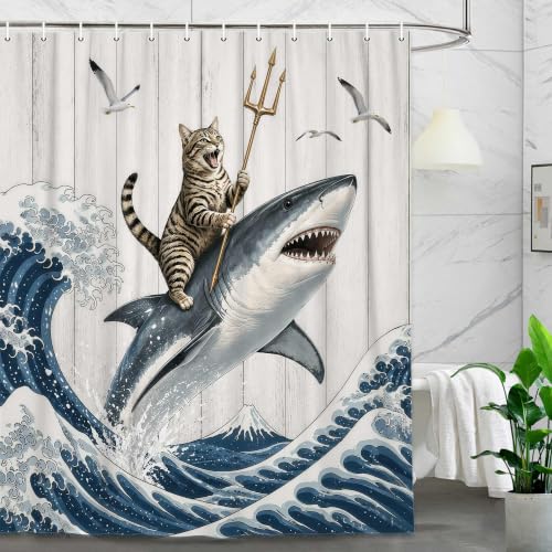 Image of Boziqr Funny Cat Shower Curtain, Cool Cat Shark Ocean Wave Bathroom Decor