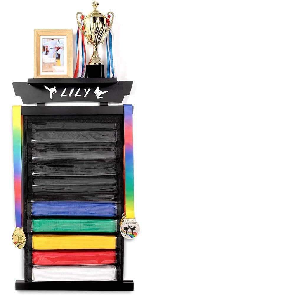Niciksty 12 Belts Karate Belt Display Rack with Stickers, Wall Hanging Martial Arts Belts Organizer, Dustproof Design, Easy to Put in Belt, Taekwondo Belt Display Holder for Karate, BJJ Learners