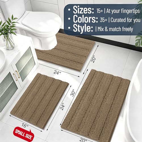 Image of Smiry Thick Small Chenille Bathroom Rugs 24x16, Extra Soft Absorbent Striped Bath Mat, Machine Washable, Rubber Backing, Bath Rugs for Bathroom, Tub & Shower, Modern Home Decor Accessories, Tan