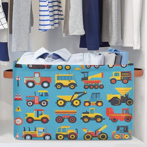 Image of Cartoon Construction Storage Baskets for Organizing, Fabric Collapsible Storage Bins Box Cars Tractors Bulldozers Decorative Toy Organizer Baskets for Closet Shelves Gift Basket 2Pcs