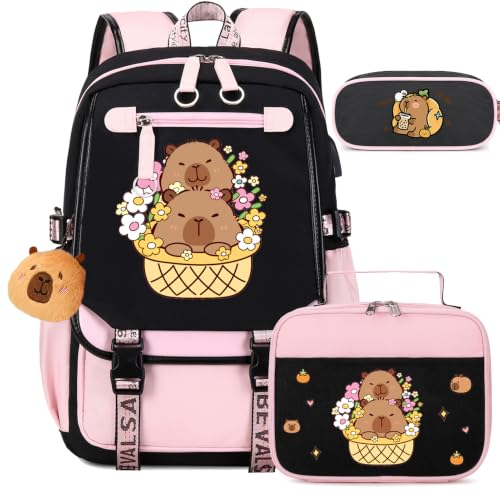 Bevalsa Capybara Theme School Backpack for Girls Backpack with Lunch Box & Pen Case Bookbag for Girls Kids Elementary Middle High School Student 21L Children Schoolbag (Cartoon)