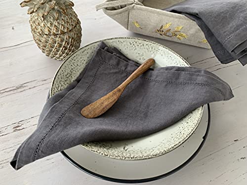 Hemstitched Linen Napkins – 20 Inch X 20 Inch – Stonewashed Pure Linen Cloth Dinner Napkins With Mitered Corners - 100% French Flax – Machine Washable - Set Of 4 (Dark Gray) #TOP2