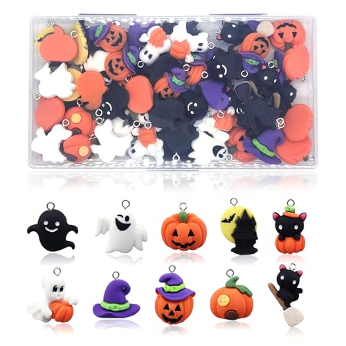 YOKUSHI 60 PCS Halloween Resin Charms for Jewelry Making Bulk with Box 3D Cartoon Ornament DIY Pendant Craft for Necklace Earrings Keychains Bracelet (Halloween)