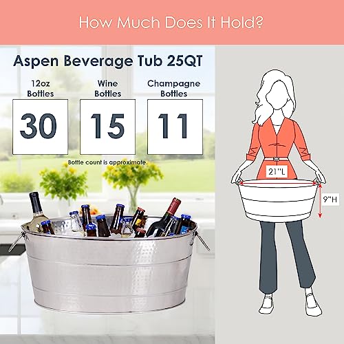 BREKX Aspen Hammered Stainless-Steel Beverage Tub, Ice and Drink Bucket with Metal Stand, 25-Quart for Parties