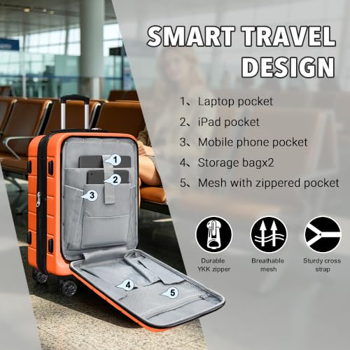 Image of KEYTANG SmileLine 3-Piece Luggage Set Lightweight Hardside Suitcase TSA Lock Spinner Wheels, 20 inch Expandable Carry-On Luggage with Quick Access Front Open Pocket, Bonus Makeup Bag,Orange