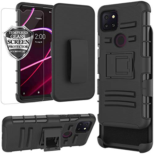 Ailiber T-Mobile REVVL 5G Case with Screen Protector, TCL REVVL 5G Belt Clip Holster, Kickstand Holder Heavy Duty Rugged Full Body Shockproof Protective Pouch Cover for TCL REVVL5G 6.5inch - Black