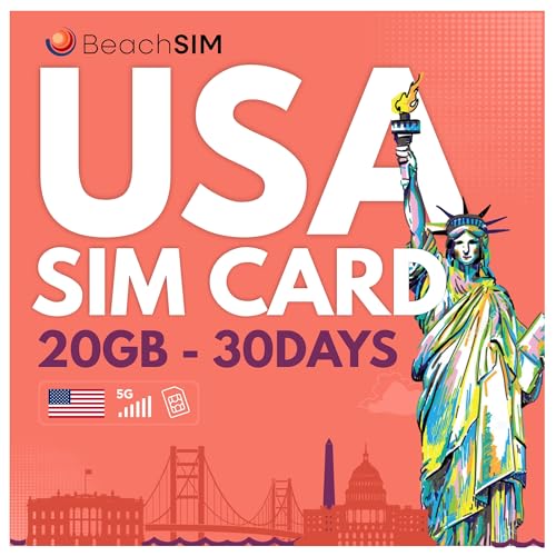 BeachSIM USA SIM Karte 30 Tage. 20 GB Datenvolumen mit 4G/5G-Netzen. Schnelle Aktivierung. Einfaches Aufladen. Nur Daten. Funktioniert auf iOS- und Android-Geräten.