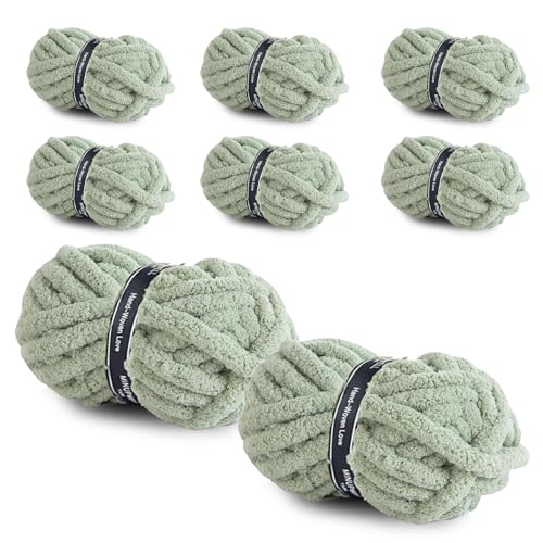 8 Packs Jumbo Chunky Chenille Yarn - 1820g(64oz) 254 Yards (761ft) Bulky Yarn - Chunky Yarn for Hand Knitting Blanket,Cushions, Pet Bed - Soft and Durable(Sage Green)