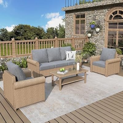 MIXPATIO Patio Furniture Set 4 pcs, Wicker Outdoor Patio Furniture, 3-Seat Sofa, 2 Single Chairs and Coffee Table, Rattan Patio Conversation Set for Backyard Deck, Grey