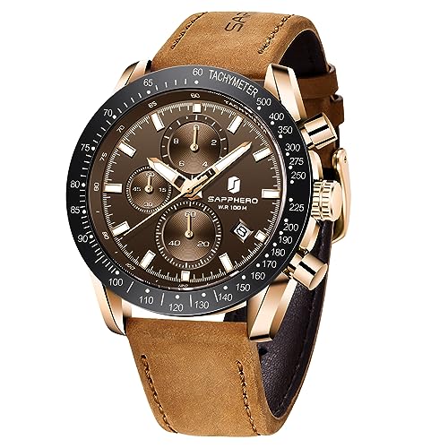 SAPPHERO Uhren Herren Chronograph herrenuhren Analogue Quartz Herren Business Sport 30M wasserdicht Armbanduhr für Uhr Lederband Elegantes Geschenk für männer
