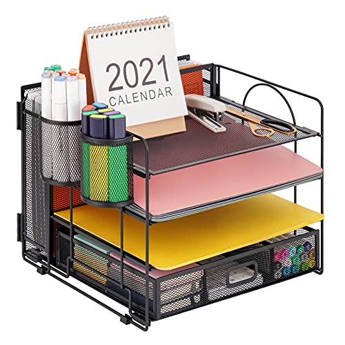 Marbrasse 4-Trays Desk File Organizer with 2 Pen Holder, Desktop Hanging File Holder with drawer, paper letter Tray organizer, Mesh Office Supplies Desk Paper Organizer for Home Office (Black)