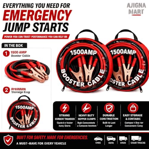Image of 1500 AMP Heavy Duty Car Battery Booster Cable | Copper Jumper Cables with Alligator Clamps | Emergency Jump Start for Cars, SUVs & Trucks