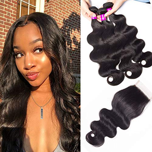Brazilian Hair Bundles with Closure Body Wave with Closure Virgin Human Hair with Closure with Baby Hair Soft and Bouncy Brazilian Hair with Closure Natural Color 10 12 14+10 Inch Free Part