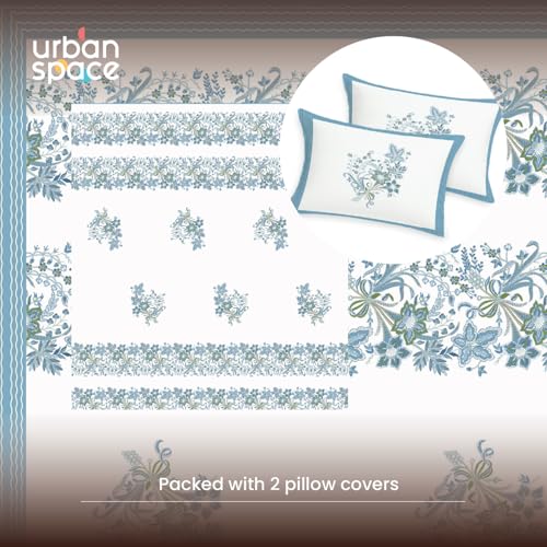 Image of Urban Space 100% Cotton Jaipuri Handblock Printed King Bedsheet with 2 Pillow Covers, 200 TC Cotton King Bed Sheet (Size 108 x 108 inches, Taarini Blue)
