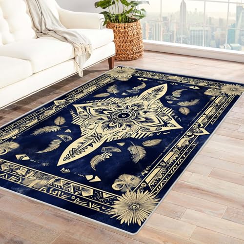 IEPOZWA Alfombra Boho con Flecos Decorativos Estrella Azul para Entrada Principal o Debajo del Escritorio, Patrón Étnico con No Deslizante（Blue-90x120cm