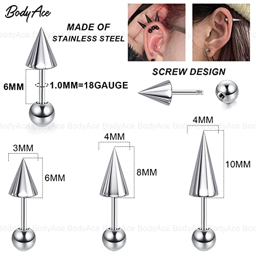 BodyAce 18G Spike Cartilage Earrings, Stainless Steel Spike Stud Earrings for Men Women, Daith Helix Tragus Earrings Black Ear Piercing Jewelry2