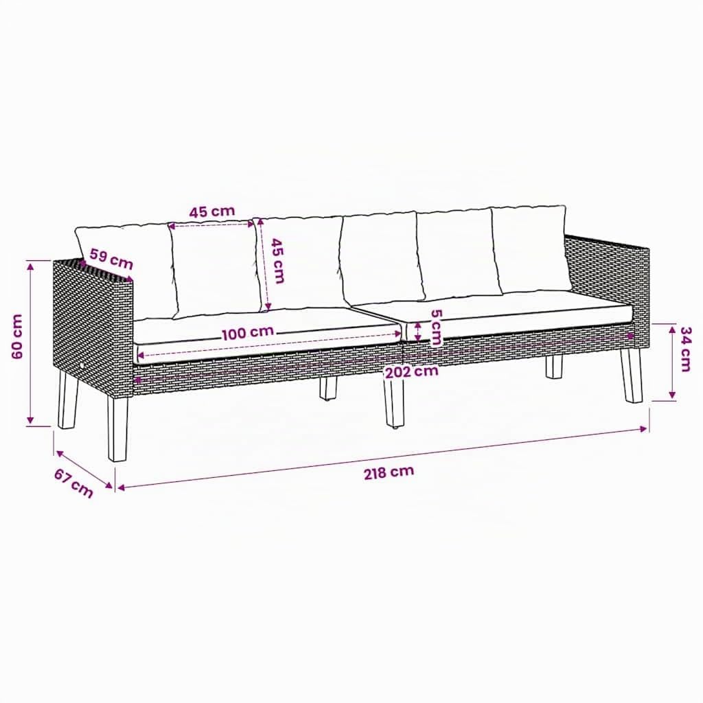 vidaXL Divano da Giardino a 3 Posti con Cuscini in Polyrattan Nero
