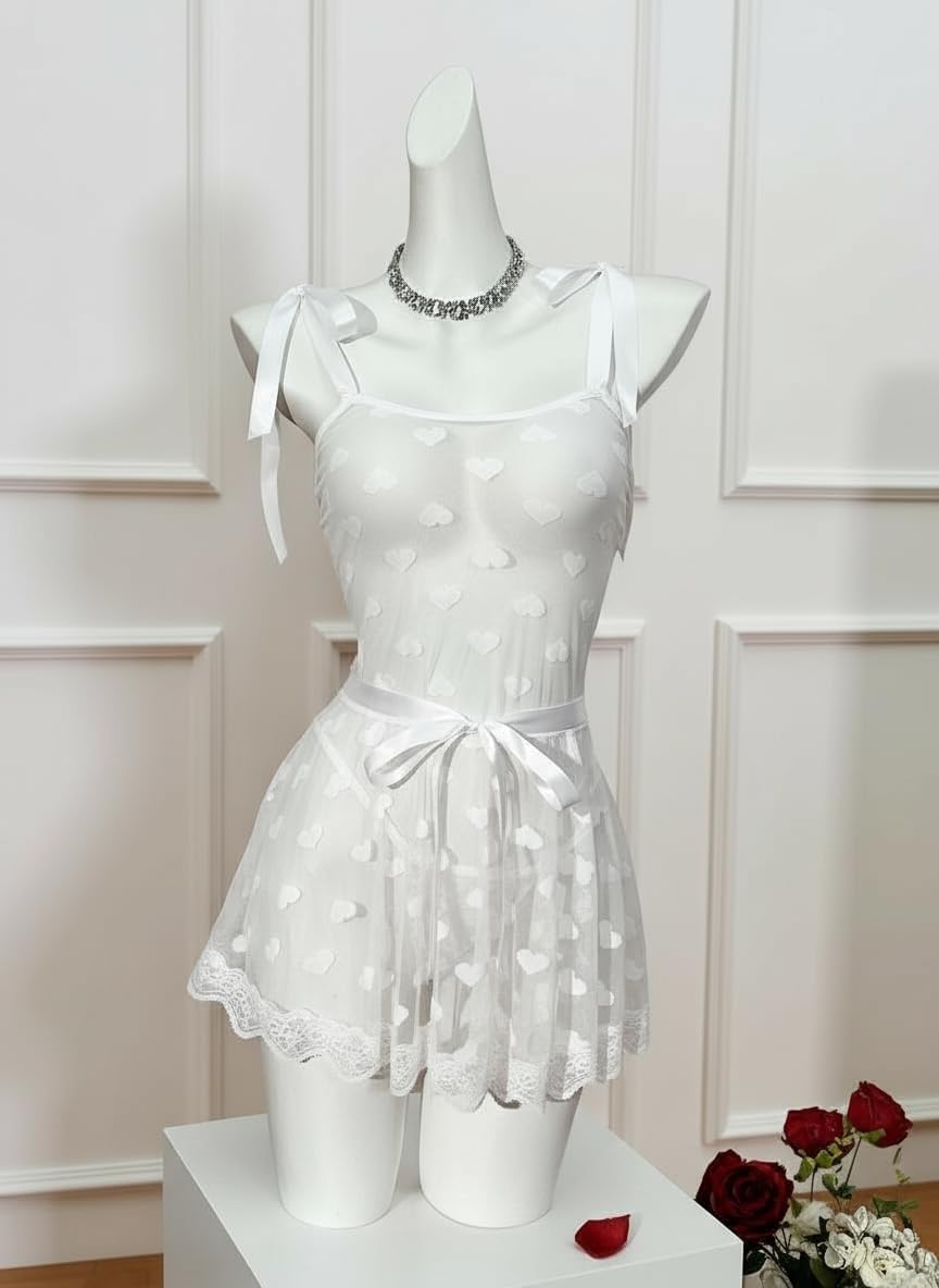 Avidlove Bow Lingerie for Women Heart Mesh Babydoll Lingerie Dress Sexy Sleepwear Lace Chemise with Belt - Image 2