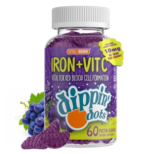 Dippin' Dots - Iron with Vitamin C & B12 Gummies (60 Count) Vital for Red Blood Cell Formation | Gum Drop Grape Real Pectin Fruit Chew Supplements | Vegan, Non-GMO, Gluten Free & Gelatin Free