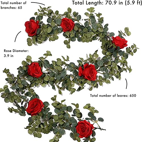 Guirlande de Noël en eucalyptus artificiel avec roses en soie de 5,9 pieds