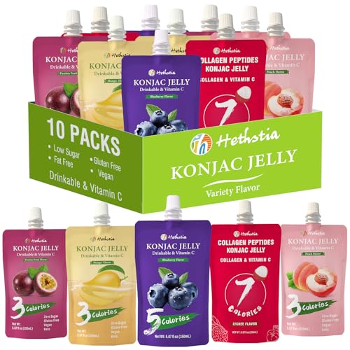 Hethstia Drinkable Konjac Jelly, Variety Pack, 10 Pouches | Low Calorie, Gluten Free, Keto, Low Carb, Vitamin C, Lychee, Blueberry, Mango, Peach & Passion Fruit, Healthy Fruit Snacks - image 1