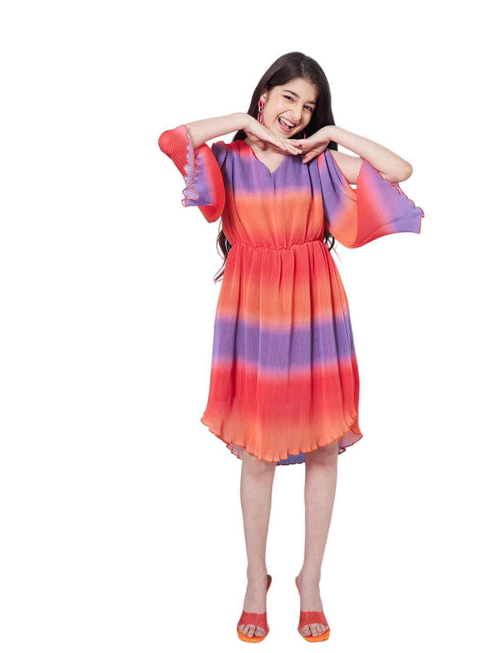 Pspeaches Girl's V-Neck Tie And Dye Striped Flared Sleeve Fit Flare Dress Orange Colortrendy Stylish Outfit (14-15Years)