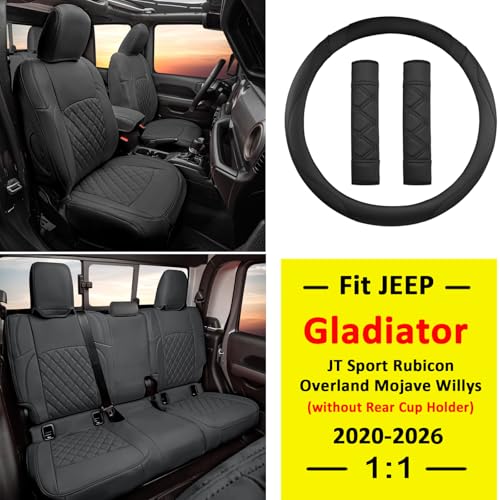 Image of GIANT PANDA Gladiator Seat Covers Custom Fit for Jeep Gladiator 2020-2026 Without Rear Cup Holder JT Sport Rubicon Mojave Willys Freedom,Black