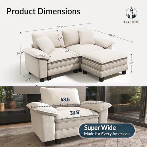 Image of HERA'S HOUSE 3-Seat L Shaped Modular Cloud Couch Sectional Sofa Ottoman | Modern 87.5 inch Couch, Beige, Wider Armrest, Comfy Deep Seat, Soft Chenille Sofa for Living Room