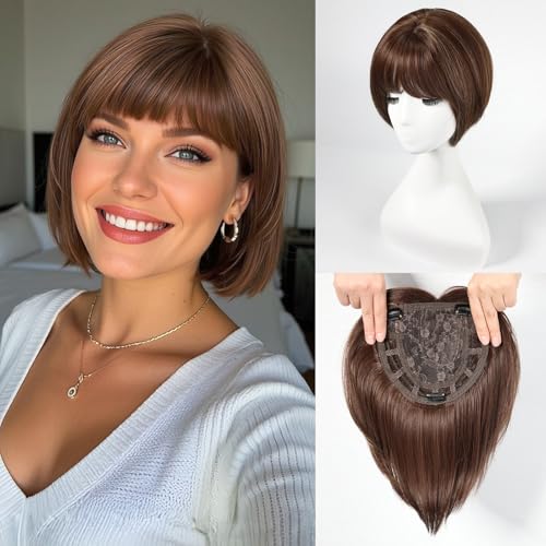 HAIRCUBE Hair Toppers for Women 10inch Brown with Highlights Toppers with Bangs with Thinning Hair with 3 Clips