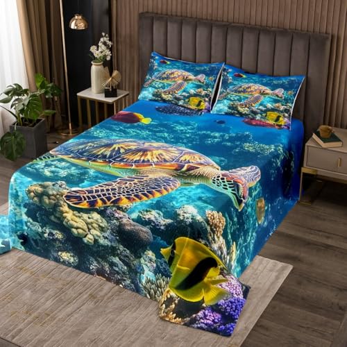 jejeloiu Kids Cute Sea Turtle Quilted Coverlet King Size Underwater World Bedspread for Boys Girls Ocean Nautical Coverlet Set Quilted,1 Bedspread+ 2 Pillow Shams