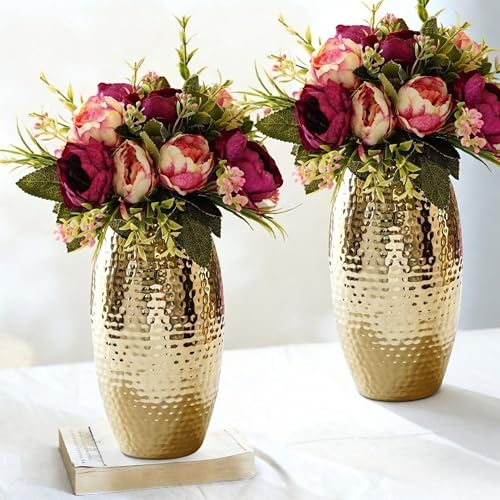 Image of BEHOMA Metal Hammered Golden Vase Set of - Set of 2 | Hammered Metal flower vase in Golden - for fresh or artificial flower displays for living room - great wedding gift