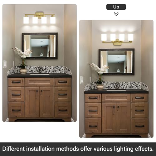 Image of FonmYim Brushed Gold Bathroom Light Fixtures, 4-Light Modern Vanity Light Over Mirror, Wall Sconces with Milky White Frosted Glass Shades, E26 Socket (Bulbs Not Included)