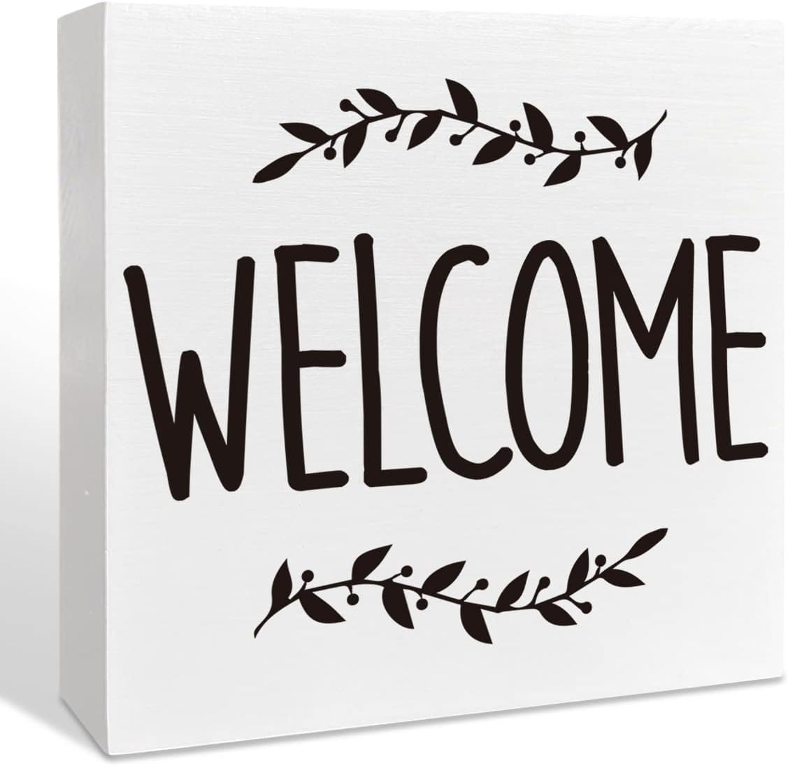 Welcome Box Sign 7x7 Inch Wooden Farmhouse Tabletop Decor