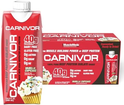 MuscleMeds Carnivor RTD, Ready to Drink Protein, Lactose Free, Sugar Free, 40g Isolate Protein, Muscle Building, Recovery, Vanilla Cupcake, 16.9 Fl Oz, Liquid (Pack of 12)