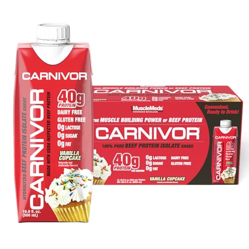 MuscleMeds Carnivor RTD, Ready to Drink Protein, Lactose Free, Sugar Free, 40g Isolate Protein, Muscle Building, Recovery, Vanilla Cupcake, 16.9 Fl Oz, Liquid (Pack of 12)