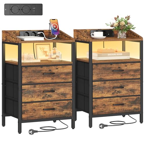 Hzuaneri Nachttisch 2er Set, mit LED-Leuchten und ladefunktion, Beistelltisch mit 3 Stoff-Schubladen mit USB-Anschlüssen & Steckdosen, für...