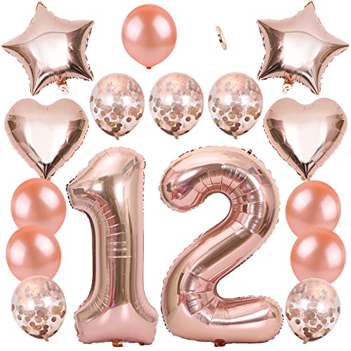 Ceqiny 16 Stück Roségold Luftballon Kit 12. Geburtstag Partyballon 40" Zahl 12 Folienballon 12" Helium Konfetti Latexballons 18" Herz Sterne Mylar Ballons Dekorationen für Mädchen Kinder Tochter Cover