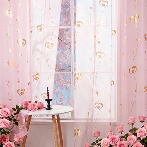 youleyar Valentines Day Sheer Curtains Love Heart Gold Foil Print Voile Sheer Curtains 2 Panels Rod Pocket Window Treatment for Bedroom and Home Decor (Pink 52 W x 63 L)