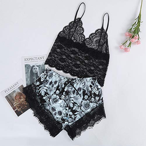 AxiBa roupa íntima de dormir de seda cetim de renda, Preto, Large