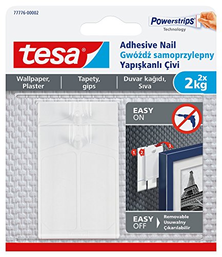 tesa Klebenagel für Tapeten und Putz 2kg - ohne Nägel Bilderaufhänger - 2 Stück Klebenägel und 6 Streifen