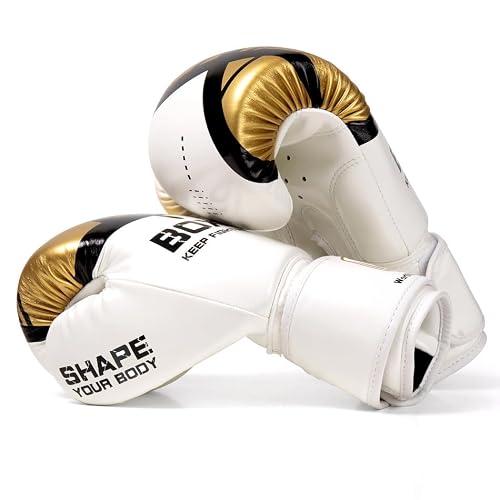 ME JO 12 oz Boxing Gloves for Men & Women, Beginner Training & Fitness Gloves for Heavy Bag & Pad Work, Breathable PU Leather, Wrist Support, Available in White-Gold